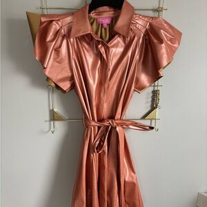 Shiny Pink Dress with Ruffled Sleeves